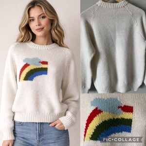 Vintage Hand-Knit Pull-over Sweater Rainbow Cloud Design white Small